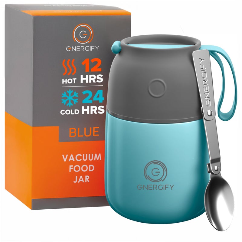 ENERGIFY Vacuum Insulated Food Jar. Large 17oz Bowl incl. Folding Spoon, Cup. Wide Mouth Keep Hot & Cold Drinks Soup Lunch Container for Adults. BPA-Free Stainless Steel, Leak Proof Blue - Image 1